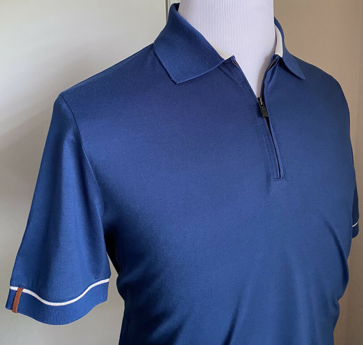 NWT $735 Loro Piana Cotton/Polyester Sort Sleeve Polo Shirt Blue Size M