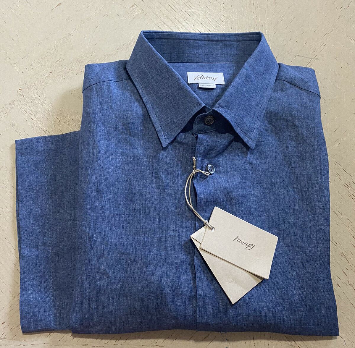 NWT $500 Brioni Mens Sort Sleeve Linen Dress Shirt Blue Size L Italy