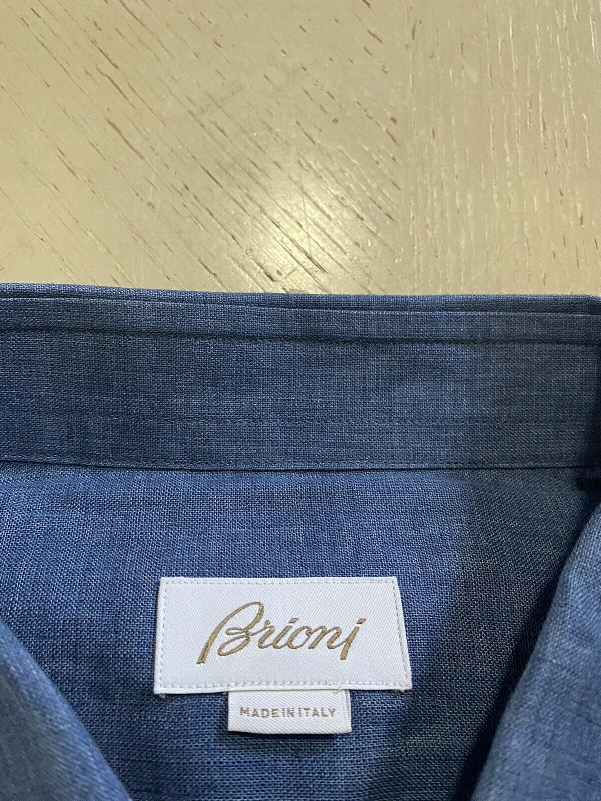 NWT $500 Мужская льняная классическая рубашка Brioni с цветными рукавами, синяя, размер L, Италия