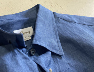 NWT $500 Brioni Mens Sort Sleeve Linen Dress Shirt Blue Size L Italy