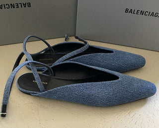 NIB $ 650 Balenciaga Knöchelriemen-Denim-Flachsandalen-Schuhe Blau 9,5 US/39,5 E Italien
