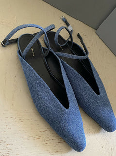 NIB $ 650 Balenciaga Knöchelriemen-Denim-Flachsandalen-Schuhe Blau 9,5 US/39,5 E Italien