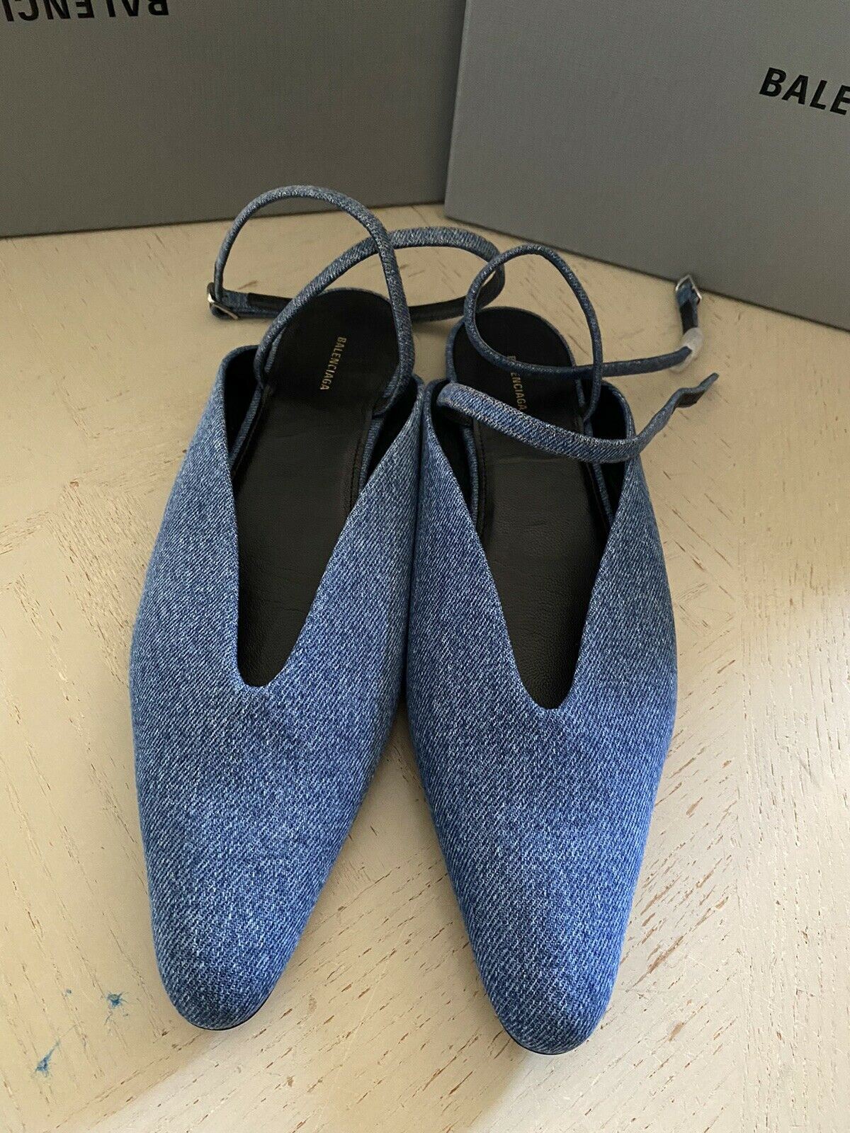 NIB $650 Balenciaga Ankle-Strap Denim Flat Sandal Shoes Blue 9.5 US/39.5 E Italy