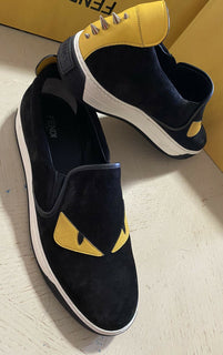 Neue $700 Fendi Herren Monster Wildleder/Leder Sneakers Schuhe Schwarz/Gelb 12 US Italien