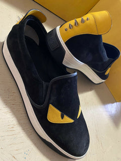 Neue $700 Fendi Herren Monster Wildleder/Leder Sneakers Schuhe Schwarz/Gelb 12 US Italien
