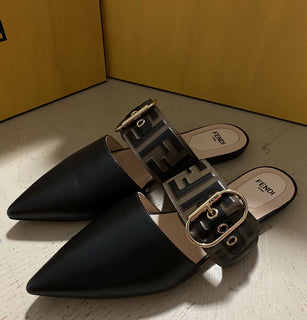NIB $ 750 Fendi Damen Leder flache Mules Sandalenschuhe Schwarz 7 US/37 US Italien
