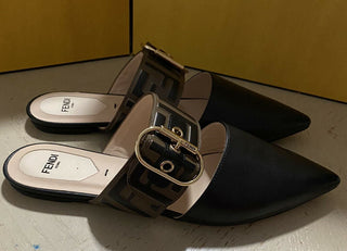 NIB $ 750 Fendi Damen Leder flache Mules Sandalenschuhe Schwarz 7 US/37 US Italien