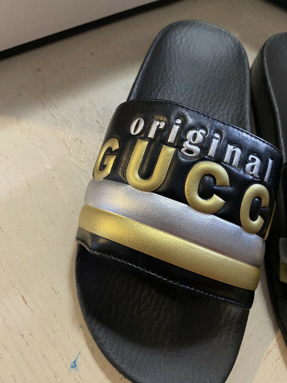 NIB Gucci Original Damen-Sandalenschuhe Schwarz/Gold/Silber 8 US (38 Eu) Italien