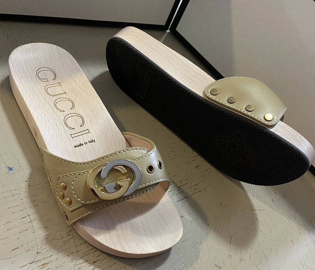 NIB Gucci Damen Leder/Holz Sandalenschuhe Beige 5 US (35 Eu) Italien