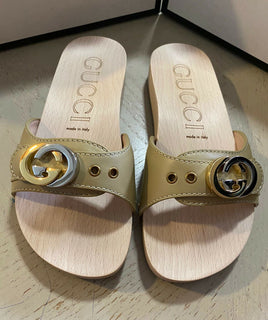 NIB Gucci Damen Leder/Holz Sandalenschuhe Beige 5 US (35 Eu) Italien