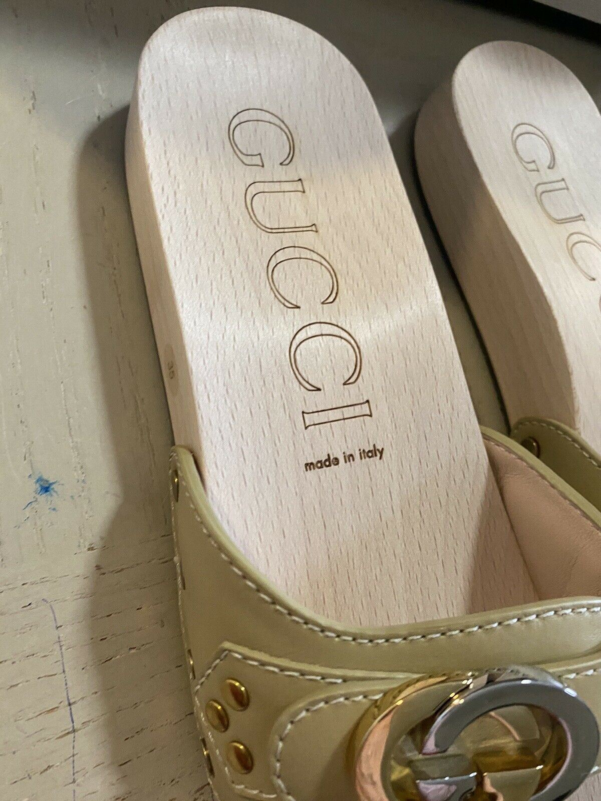 NIB Gucci Damen Leder/Holz Sandalenschuhe Beige 5 US (35 Eu) Italien