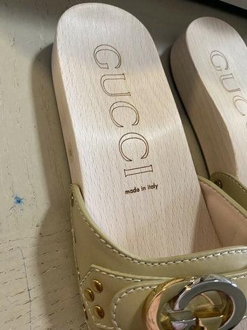 NIB  Gucci Women Leather/Wood Sandal Shoes Beige 5 US ( 35 Eu ) Italy