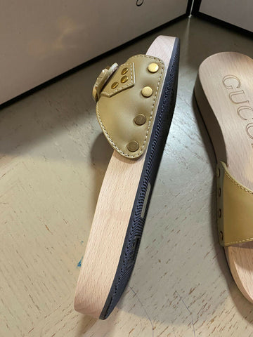 NIB  Gucci Women Leather/Wood Sandal Shoes Beige 5 US ( 35 Eu ) Italy