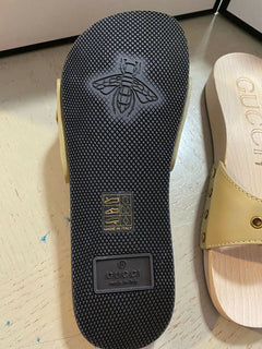 NIB Gucci Damen Leder/Holz Sandalenschuhe Beige 5 US (35 Eu) Italien