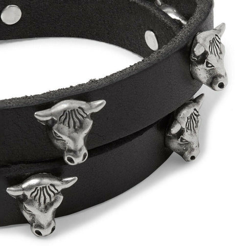 NWT $950 GUCCI Anger Forest Bull Head Leather Bracelet 925 Silver Black Sz 17