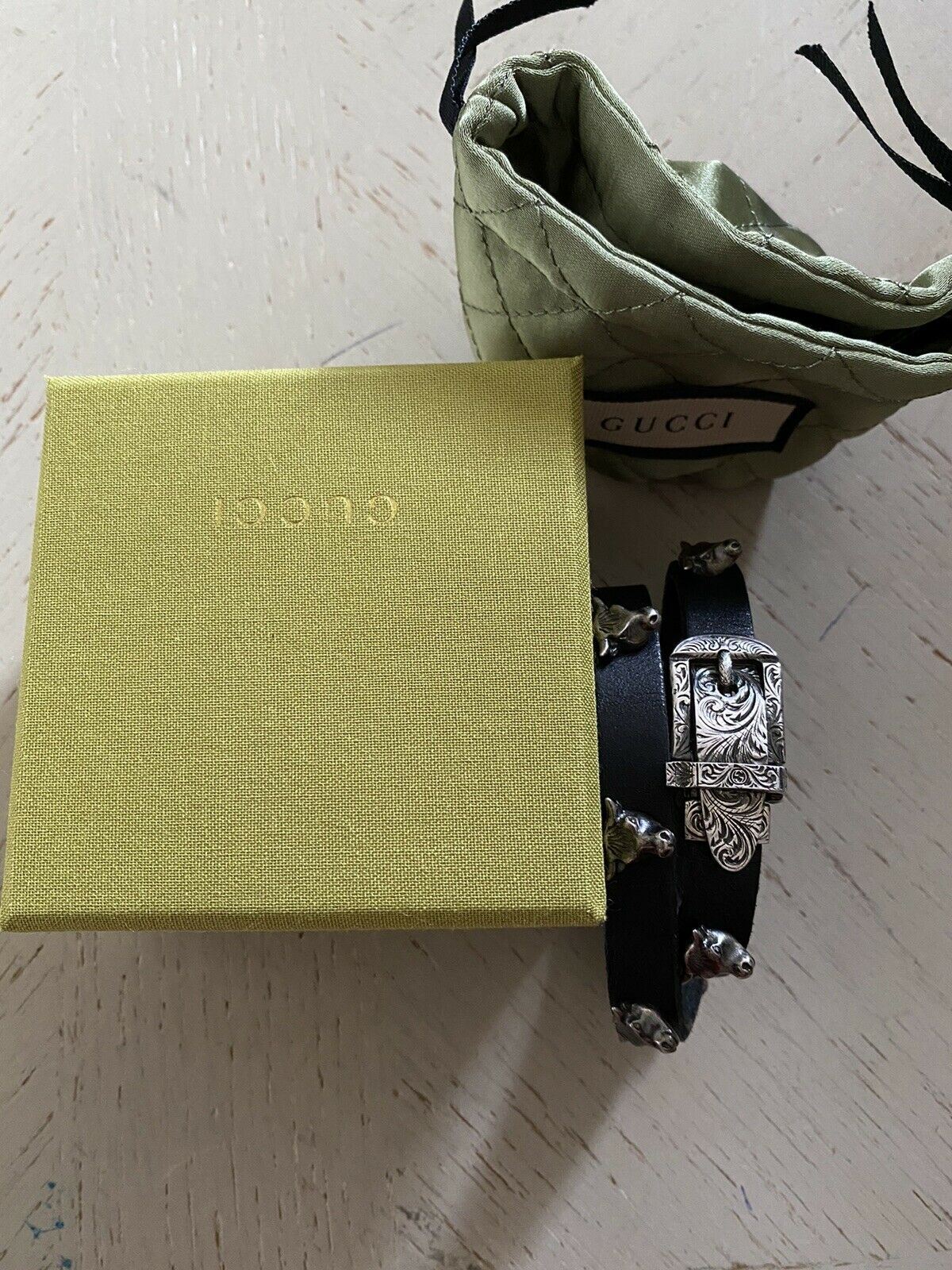 NWT $950 GUCCI Anger Forest Bull Head Leather Bracelet 925 Silver Black Sz 17