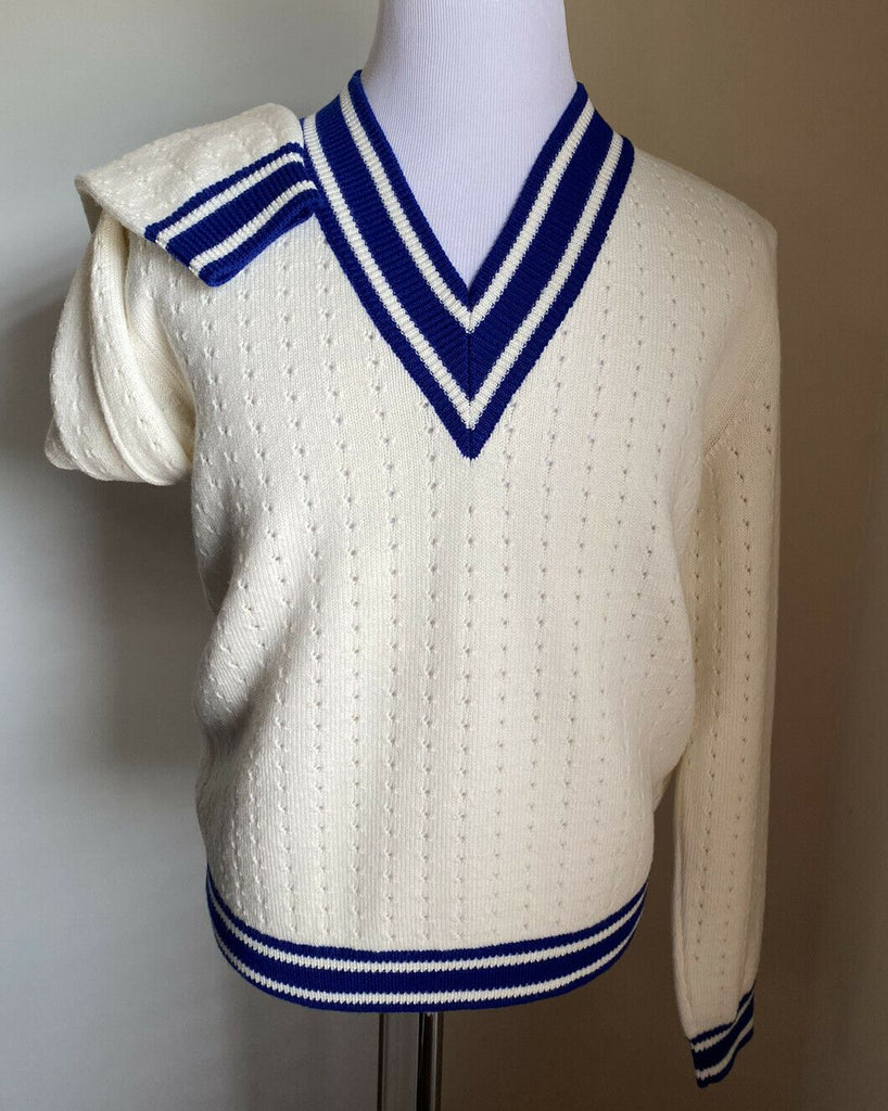 NWT $1320 Gucci Men Wool V Neck Sweater Color White/Milk/Blue L Italy