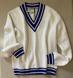 NWT $1320 Gucci Men Wool V Neck Sweater Color White/Milk/Blue L Italy