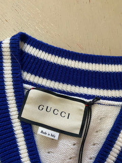 NWT $1320 Gucci Men Wool V Neck Sweater Color White/Milk/Blue L Italy