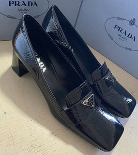 NIB 750 $ PRADA Damen-Pumps, Loafer-Schuhe aus strukturiertem Leder, Schwarz, 10,5 US/40,5 Eu