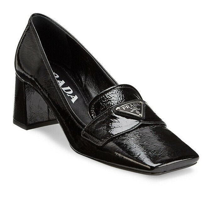 NIB $750 PRADA Women Pumps Textured Leather Loafer Shoes Black 10.5 US/40.5 Eu