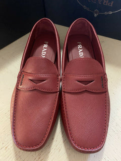 New PRADA Men. Rubino Saffino Leather Loafers Driver Red 11 US Italy
