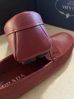 New PRADA Men. Rubino Saffino Leather Loafers Driver Red 11 US Italy