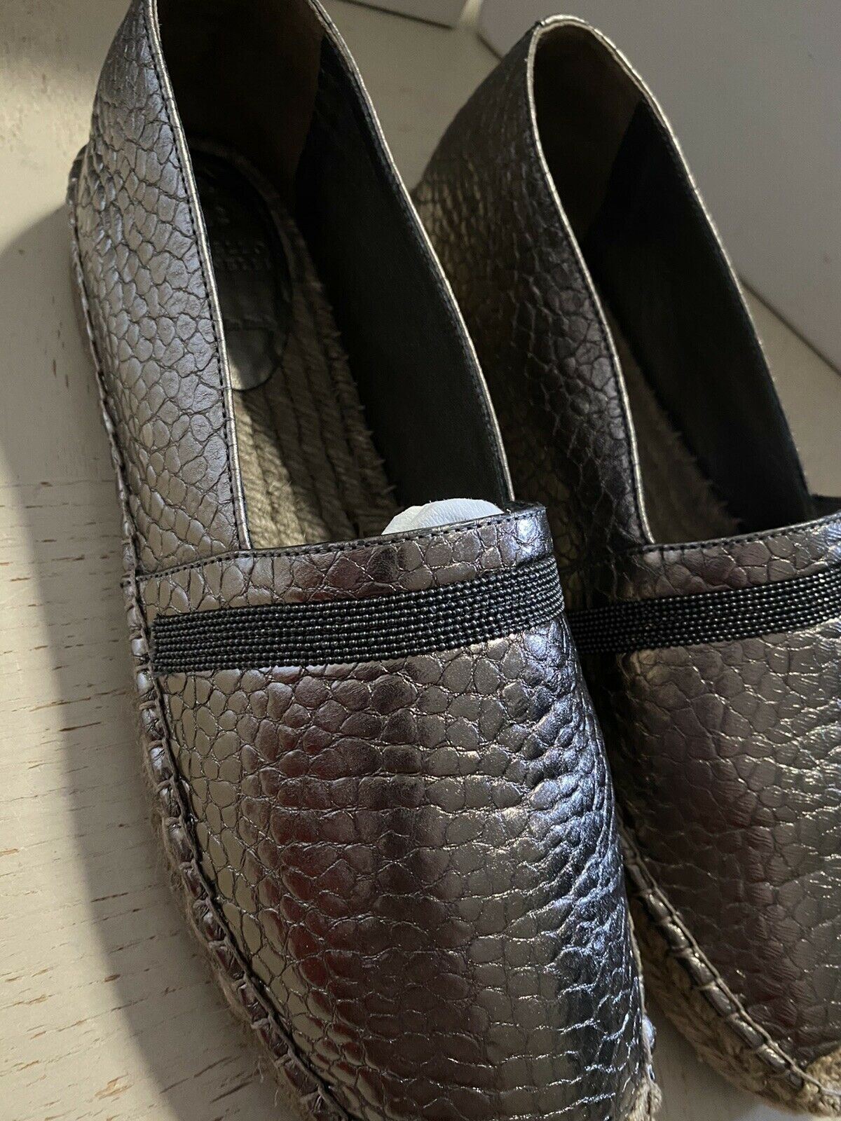 NIB 750 $ Brunello Cucinelli Damen Espadrille-Schuhe aus Leder Bronze 8 US/38 Eu