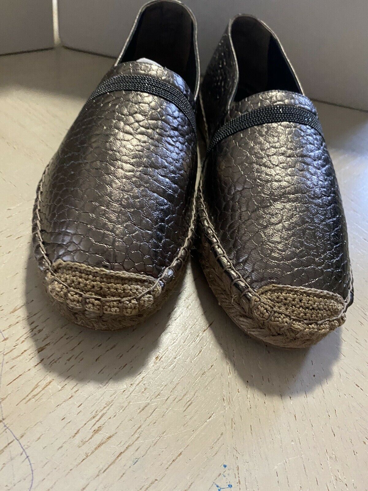 NIB 750 $ Brunello Cucinelli Damen Espadrille-Schuhe aus Leder Bronze 8 US/38 Eu