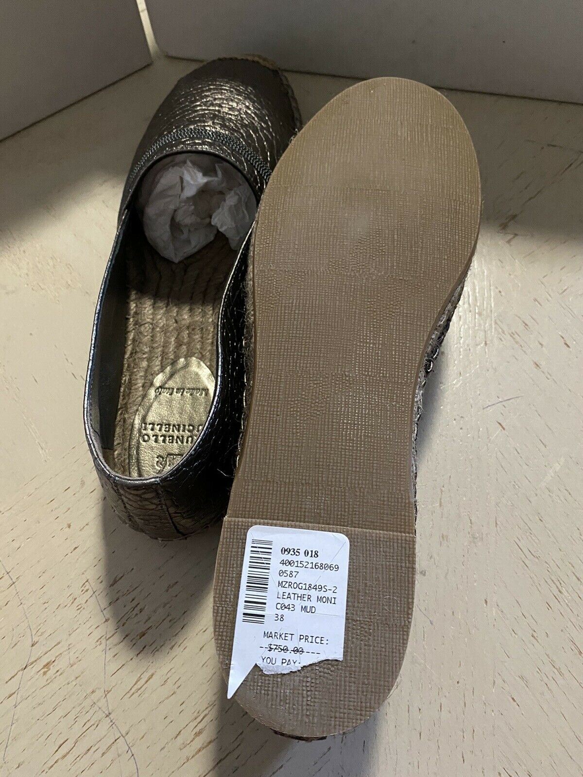 NIB 750 $ Brunello Cucinelli Damen Espadrille-Schuhe aus Leder Bronze 8 US/38 Eu