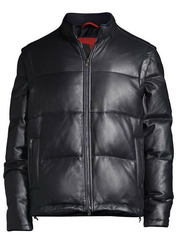 Neue 5750 $ Isaia Leder-Daunen-Pufferjacke, Weste, Mantel, Marineblau, 40 US/50 Eu
