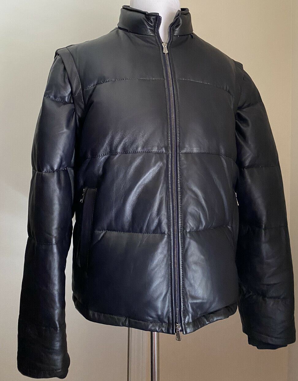 Neue 5750 $ Isaia Leder-Daunen-Pufferjacke, Weste, Mantel, Marineblau, 40 US/50 Eu