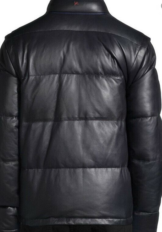 New $5750 Isaia Leather Down Puffer Jacket Vest  Coat Navy 40 US/50 Eu