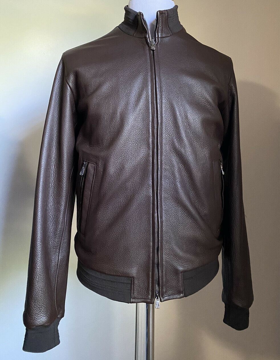 New $5500 Isaia  Leather Bomber Jacket Coat Brown 44 US/54 Eu Italy
