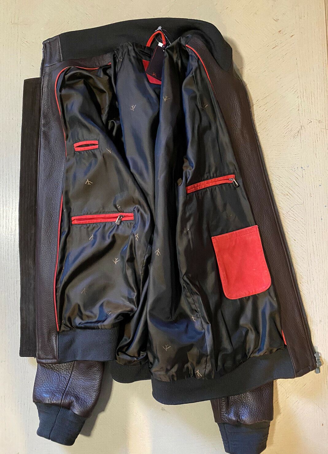 New $5500 Isaia  Leather Bomber Jacket Coat Brown 44 US/54 Eu Italy