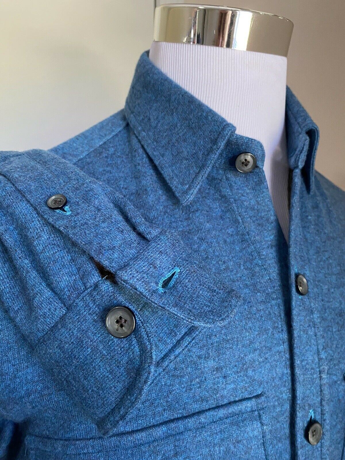 NWT $1350 Isaia Long Sleeve Cashmere Pullover Shirt Jacket Blue Size S-M