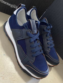 Neue $775 Ermenegildo Zegna Leder-Sneakers Schuhe Schwarz/Blau 13 US Italien
