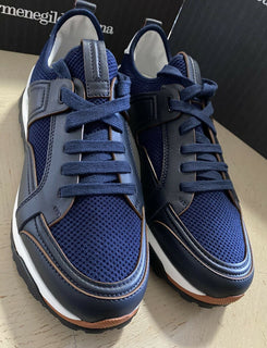 Neue $775 Ermenegildo Zegna Leder-Sneakers Schuhe Schwarz/Blau 13 US Italien