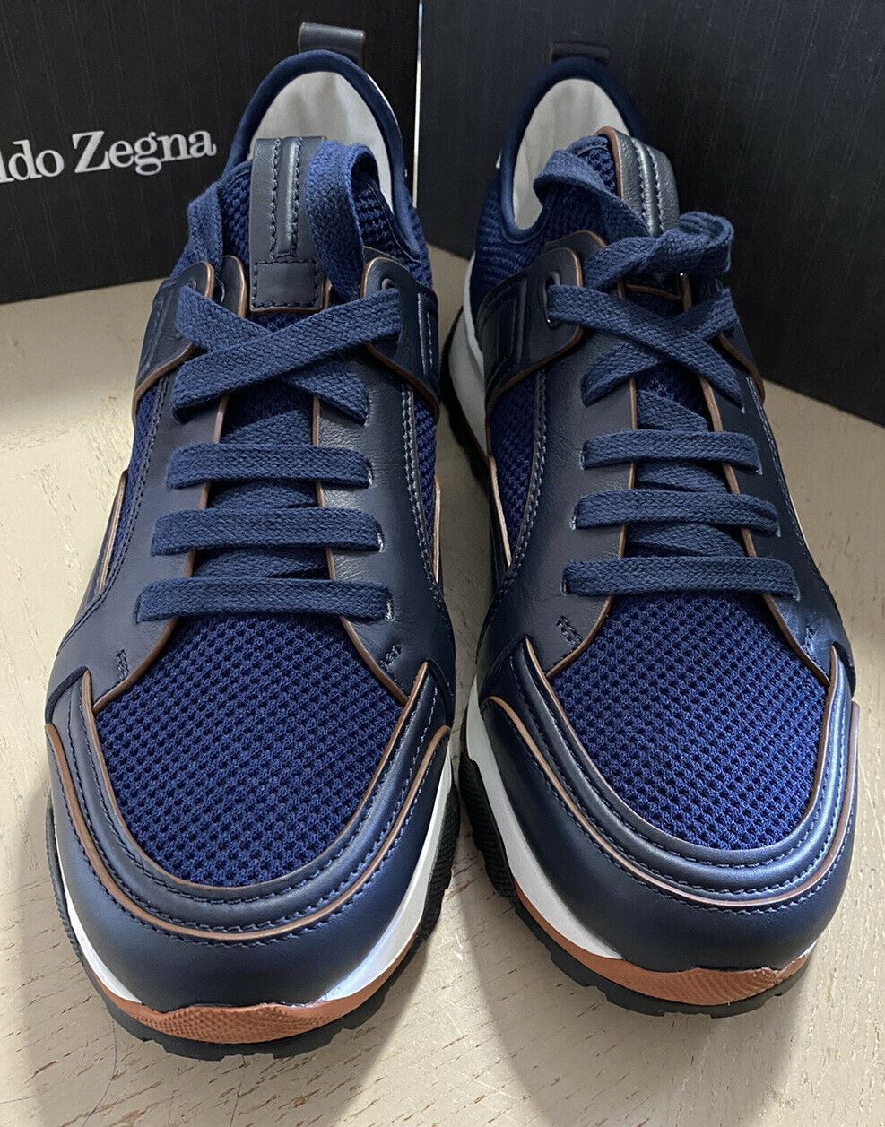 New $775 Ermenegildo Zegna Leather Sneakers Shoes Black/Blue 13 US Italy