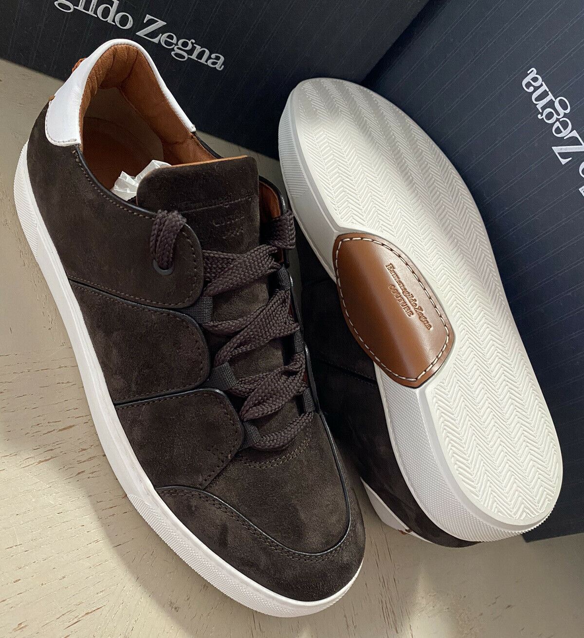 New $850 Ermenegildo Zegna Couture Suede/Leather Sneakers Shoes DK Brown 9.5 US