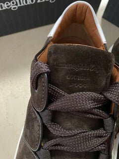 Neue $850 Ermenegildo Zegna Couture Wildleder/Leder Sneakers Schuhe DK Braun 9,5 US