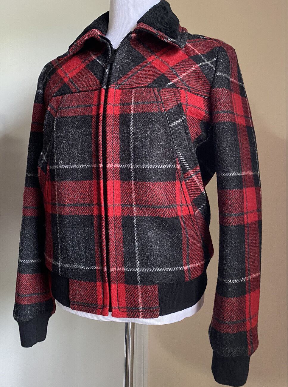 New $3190 Saint Laurent Men quilted Jacket In Tartan With Shearing Red/Bl. 38 US