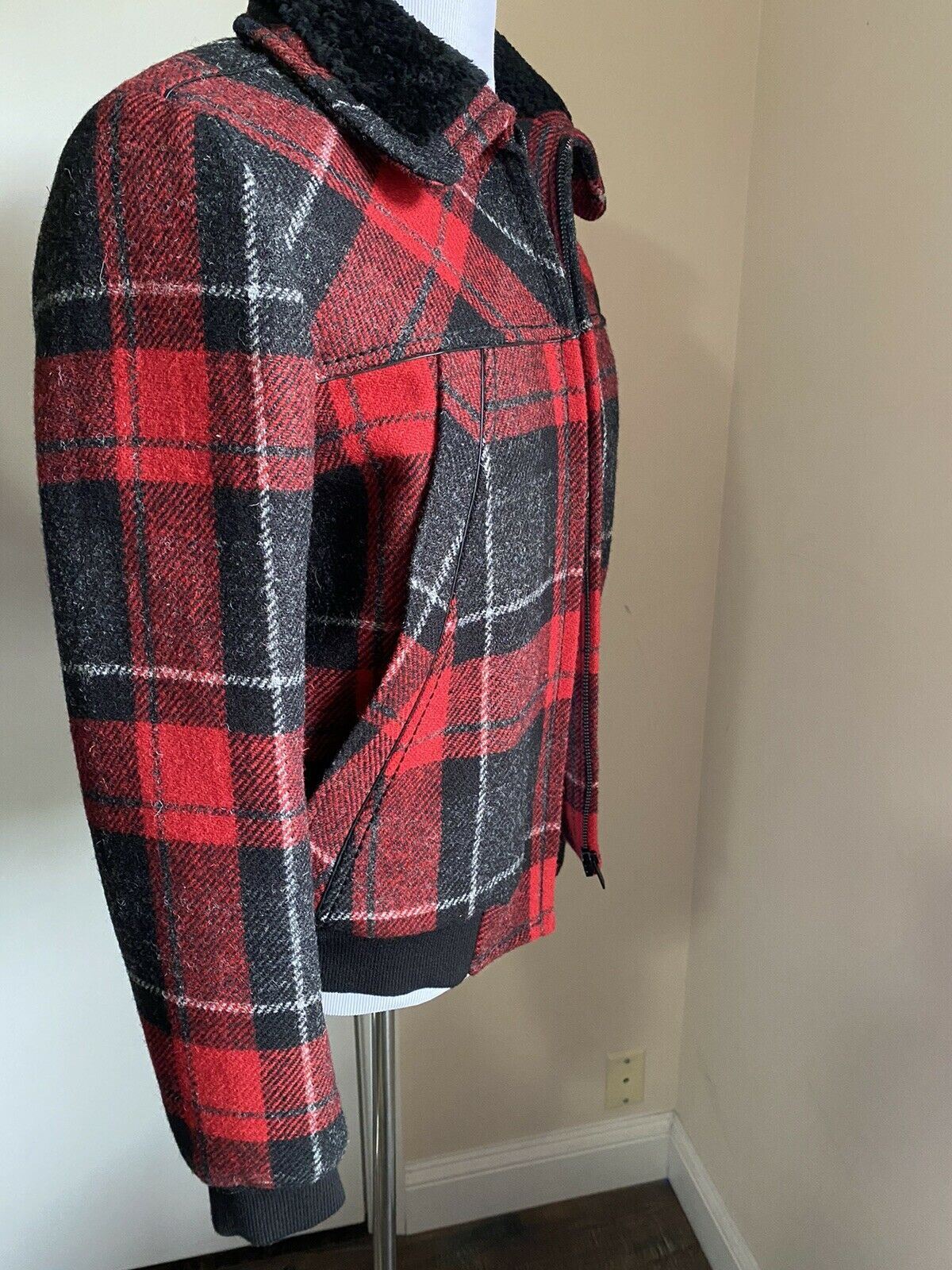 New $3190 Saint Laurent Men quilted Jacket In Tartan With Shearing Red/Bl. 38 US