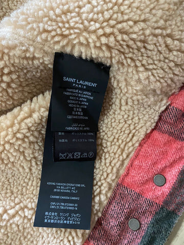 New $3190 Saint Laurent Men Fitted Checked Denim Jacket Shearing Red/Black XS