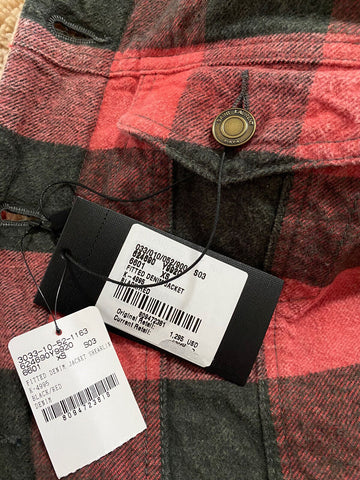 New $3190 Saint Laurent Men Fitted Checked Denim Jacket Shearing Red/Black XS