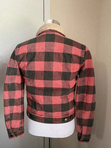 New $3190 Saint Laurent Men Fitted Checked Denim Jacket Shearing Red/Black XS