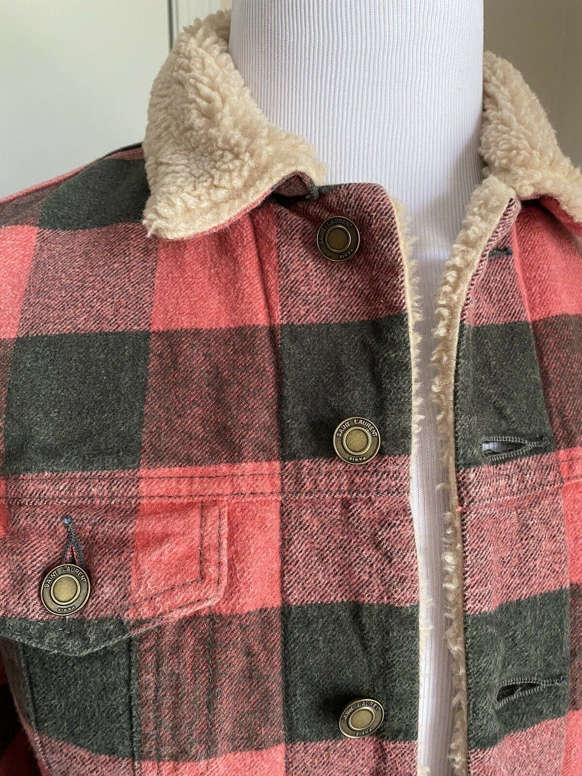 New $3190 Saint Laurent Men Fitted Checked Denim Jacket Shearing Red/Black XS