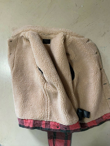 New $3190 Saint Laurent Men Fitted Checked Denim Jacket Shearing Red/Black XS