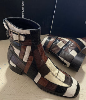 NIB $ 5500 Saint Laurent Miles Stiefel in exotischen Häuten Patchwork Braun 8 US/41 Eu