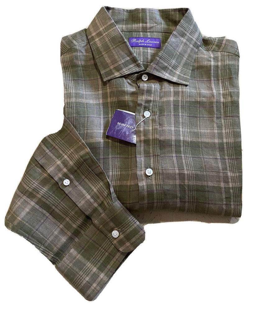 Neu mit Etikett: 495 $ Ralph Lauren Purple Label Herren Leinenhemd Farm Olive XXL Italien